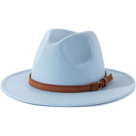 Men Women Vintage Wide Brim Fedora Hat with Belt Buckle Sky Blue